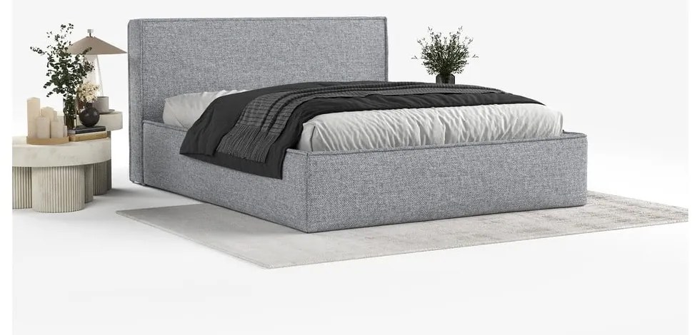 Szürke kárpitozott ágyneműtartós franciaágy ágyráccsal 200x200 cm Lounge L – Maison de Rêve