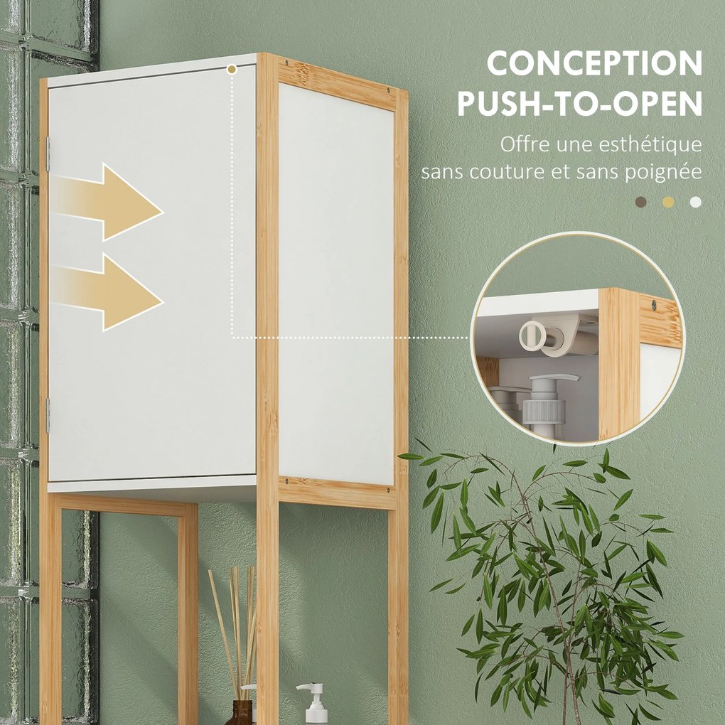 HOMCOM Fürdőszoba Szekrény Magas Szekrény 2 Nyitott Polccal és 2 Szekrénnyel Állítható Polccal, Tolóajtos Megoldás, Bambusz 33L x 33W x 170H cm Fehér