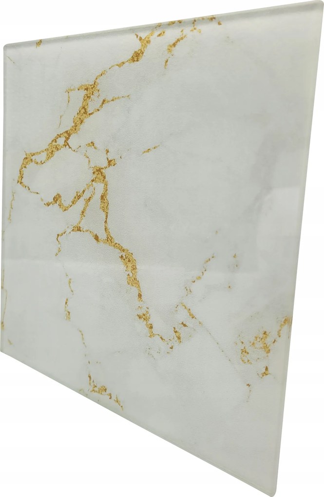 Dekoratív üvegpanel márvány motívummal, fehér és arany árnyalatokban.