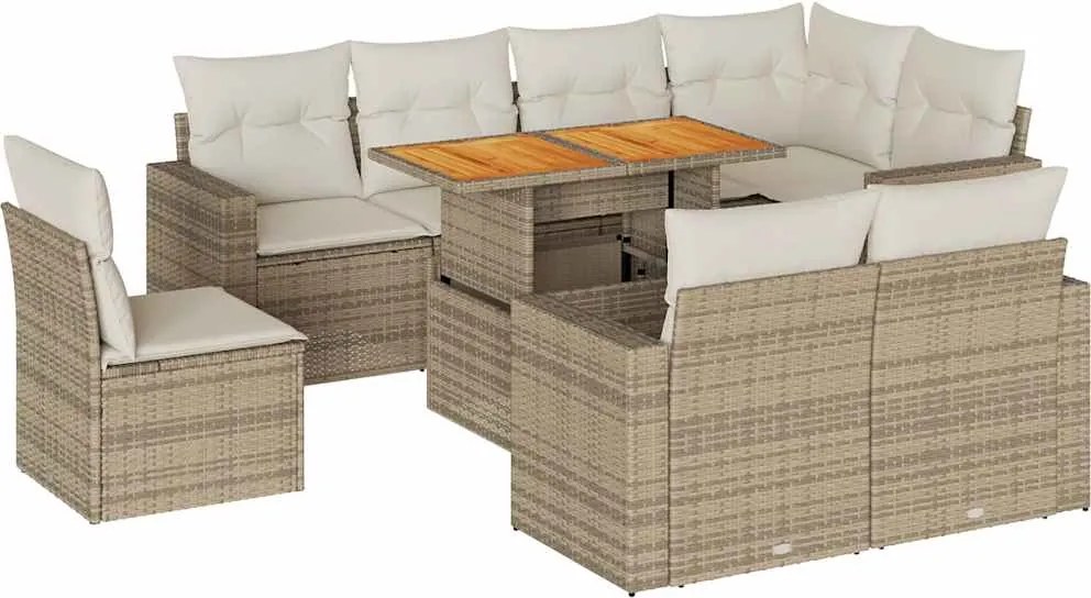 vidaXL 9 részes bézs polyrattan kerti ülőgarnitúra párnákkal