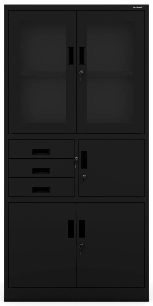 FILIP irodai fémszekrény irattartóval és iratszéffel, 900 x 1850 x 400 mm, fekete színben