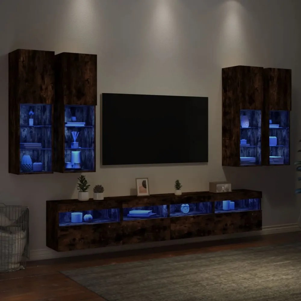 7 darabos füstös tölgy színű fali TV-szekrény szett LED-del