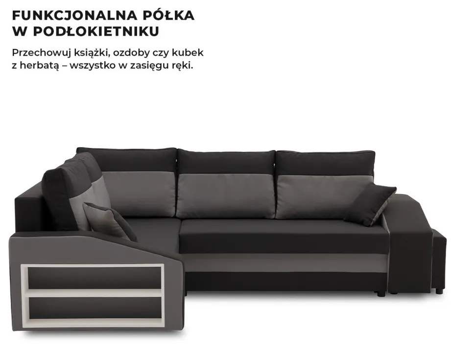 Grande sarokkanapé polcokkal és puffokkal , polc a bal karfaban puffok a jobb karfaban, baloldali, szövet anyag, hab töltet, fekete - szürke