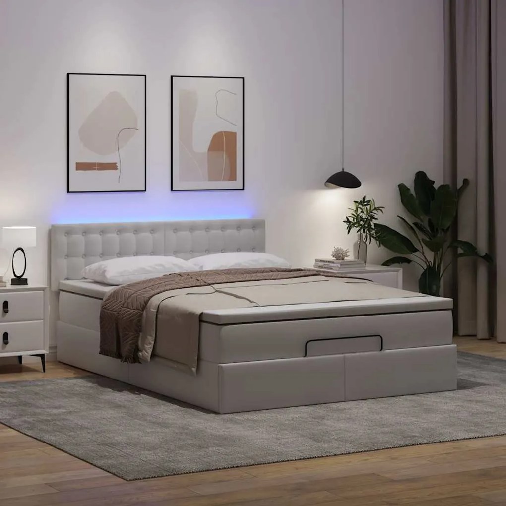 tiszta fehér műbőr ottomán ágy matracokkal &amp; LED-ek 140x200cm