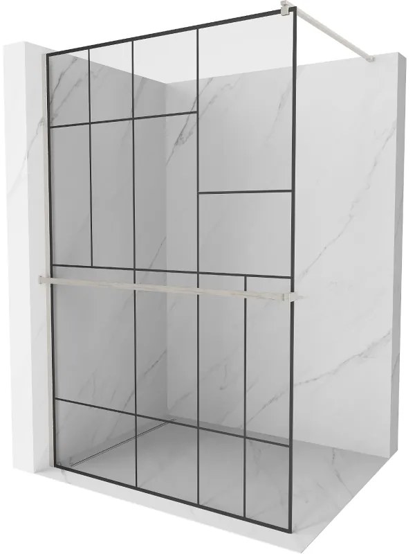 Mexen Kioto+, Walk-In zuhany paraván polccal és akasztóval 130 x 200 cm, 8 mm átlátszó üveg fekete mintás, csiszolt acél profil, 800-130-121-97-78
