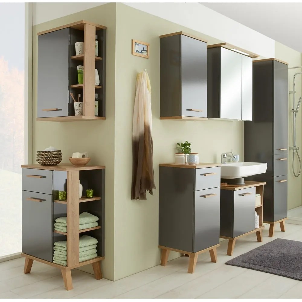 Szürke-natúr színű alacsony fürdőszoba szekrény tölgyfa dekorral 50,5x89,5 cm Quickset 924 – Pelipal