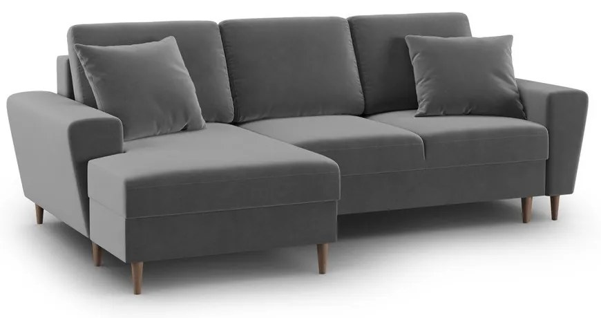 Világosszürke bársony kinyitható tárolóhelyes sarokkanapé (bal oldali-heverő résszel) Kyoto – Cosmopolitan Design