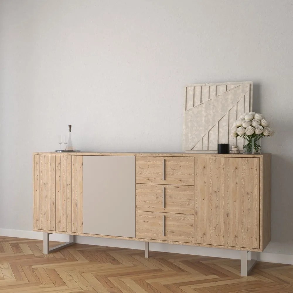 Szürke-natúr színű alacsony komód tölgyfa dekorral 180x80 cm Millay – Marckeric