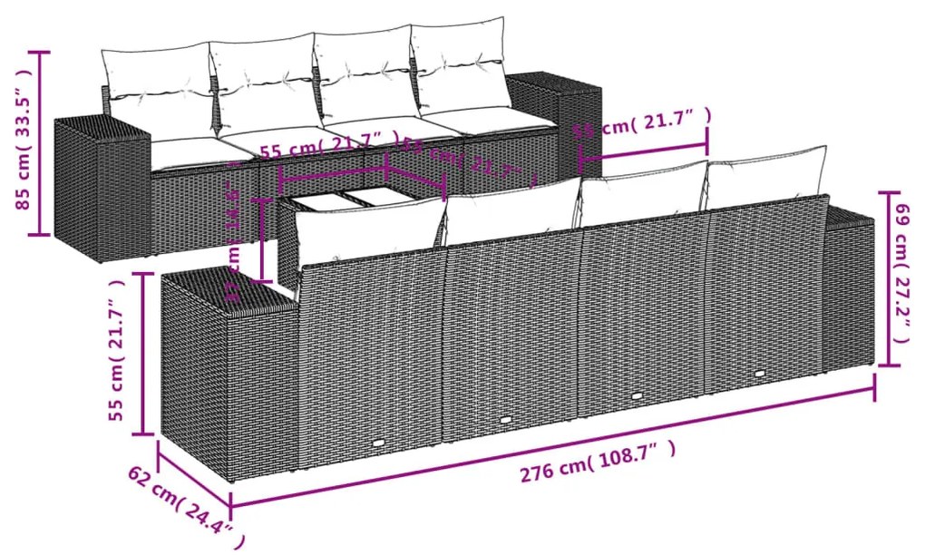 9 részes világosszürke polyrattan kerti ülőgarnitúra párnával