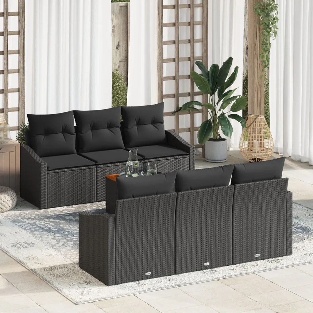 7 Részes Kerti Kanapé Szett Párnákkal Fekete Poly Rattan Akác