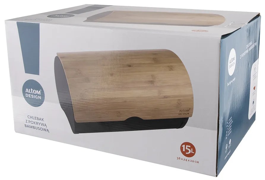 Altom Kenyértartó bambusz fedővel 37,7 x 24,3 x 20,4 cm, fekete