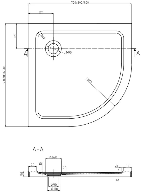 Mexen Rio, negyedkör alakú zuhanykabin tolóajtóval 90 x 90 cm, 5mm átlátszó üveg, fekete profil + fehér zuhanytálca, 863-090-090-70-00-4110B