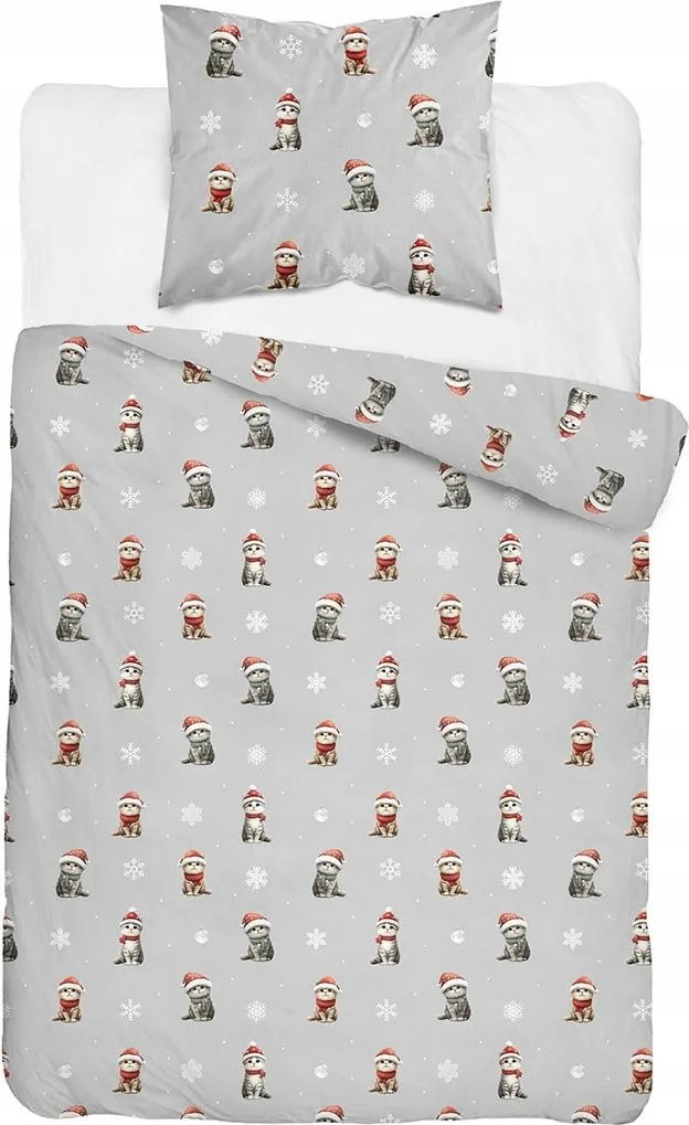 Karácsonyi pamut ágyneműhuzat 140x200 szürke macska mintás Mikulás sapka