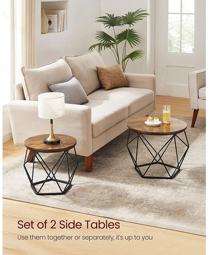 Dohányzóasztal, 2 oldalsó asztal, ø50cm és ø40cm, barna-fekete