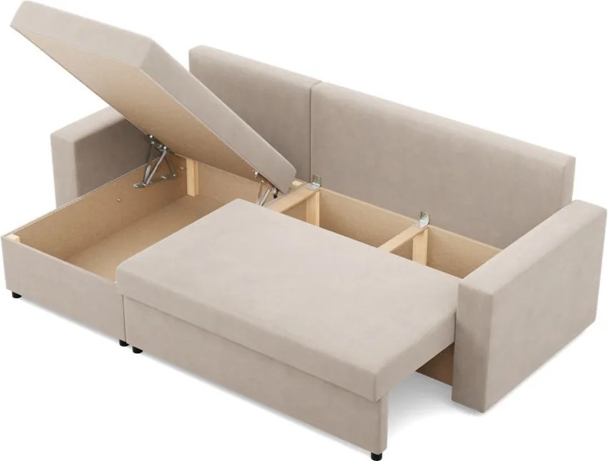 Zeus sarokkanapé, 2 ágyneműtartóval, egyenes kartámasz, bársony, univerzális oldal, hab töltet, bézs