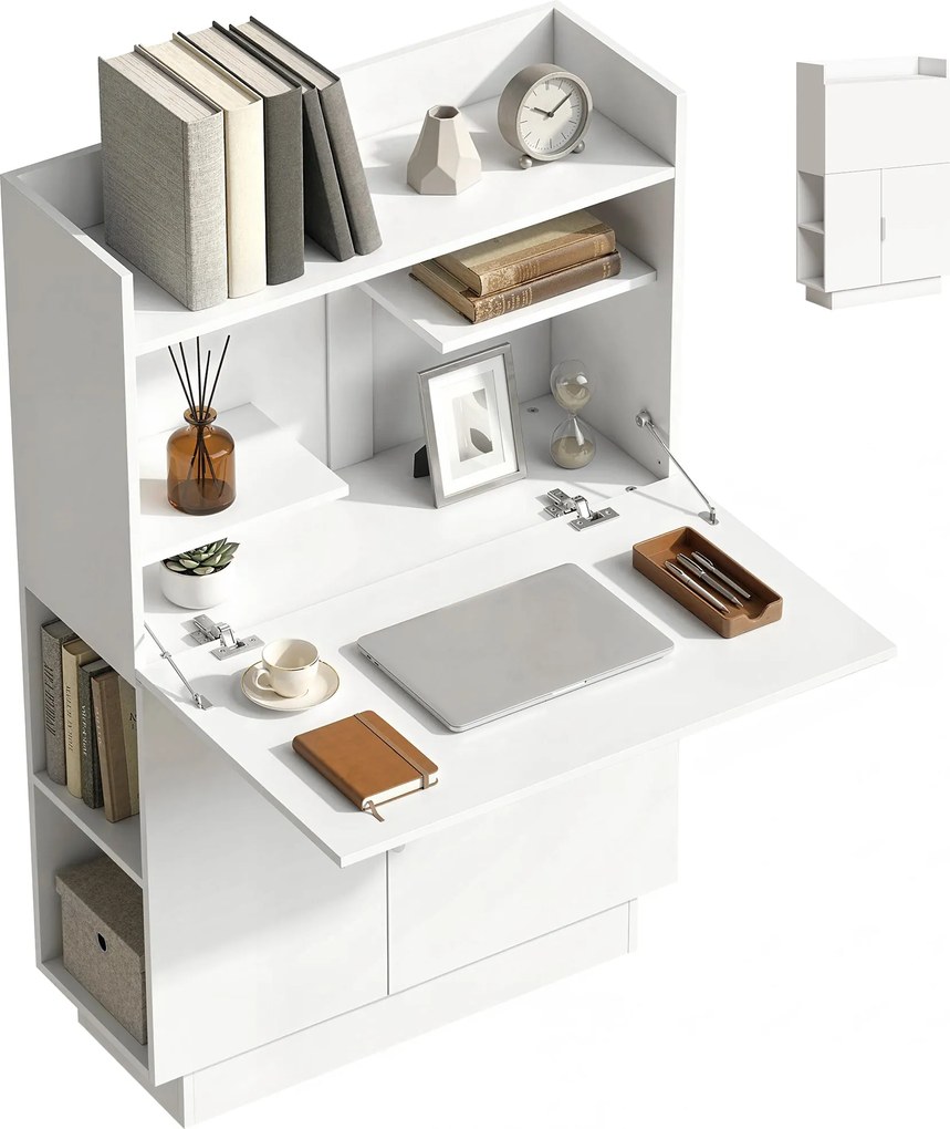 HOMCOM összecsukható íróasztal polcokkal és szekrénnyel, 80 x 30 x 128 cm, modern otthoni íróasztal, fehér | Aosom