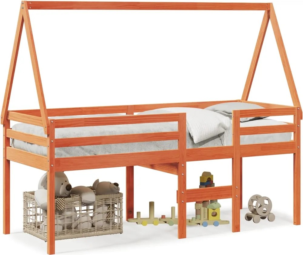 vidaXL viaszbarna tömör fenyőfa magasított ágy tetővel 90 x 190 cm