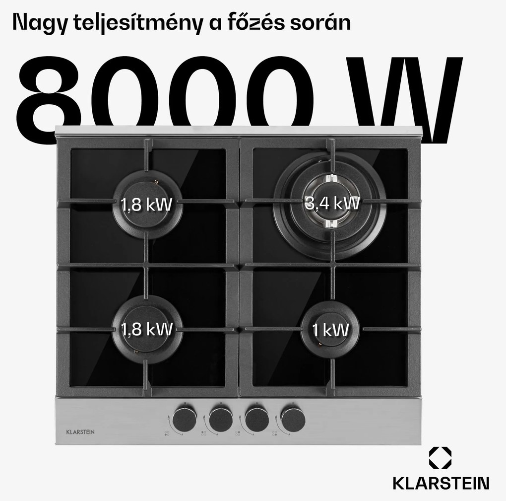 Klarstein Alchemist, gázfőzőlap, 4 alumínium égő, üvegkerámia, fekete