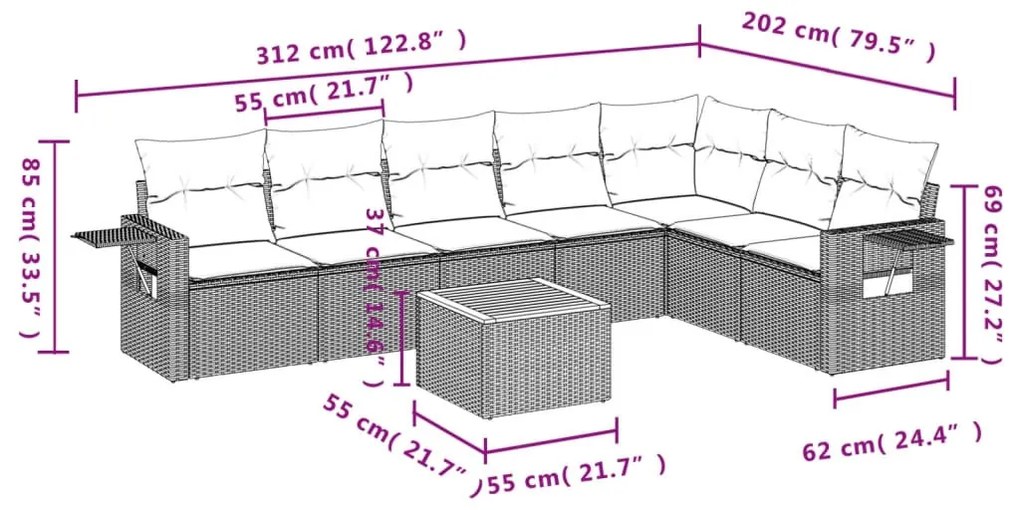 8 részes fekete polyrattan kerti ülőgarnitúra párnákkal