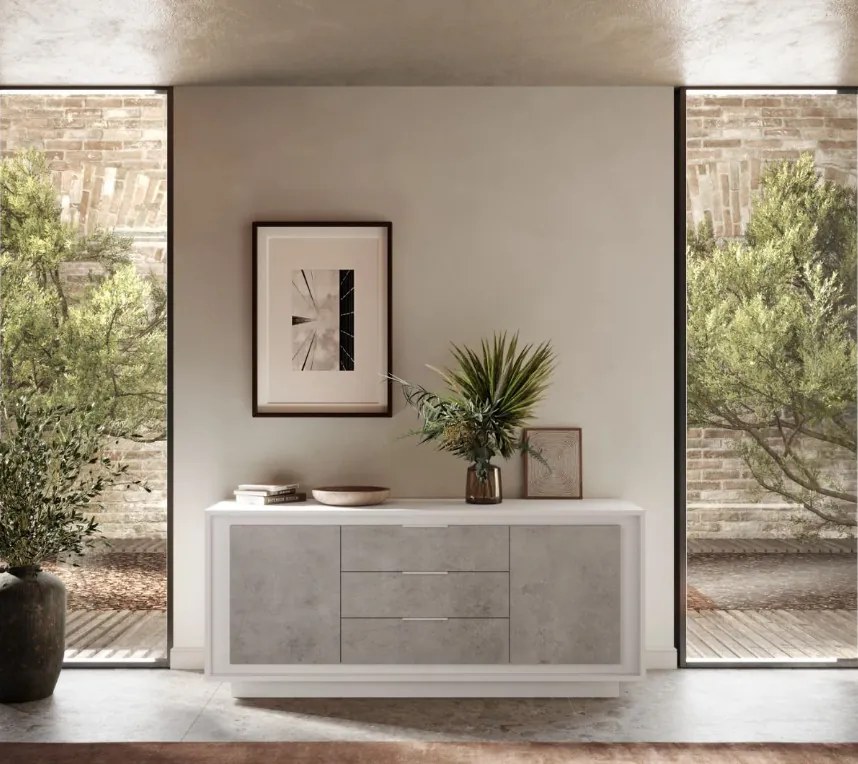 SKY 2.0 komód 2 ajtóval és 3 fiókkal, fehér matt lakkozott vázzal és betonhatású laminált előlapokkal