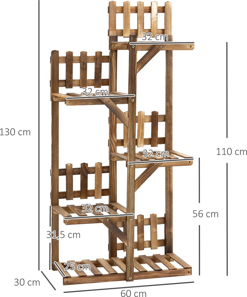 Outsunny Fai Virágtartó Polc - 5 Szintes Fa Távlat 60 x 30 x 130 cm Szénásított Fenyőfából Teraszra és Kertbe | Aosom