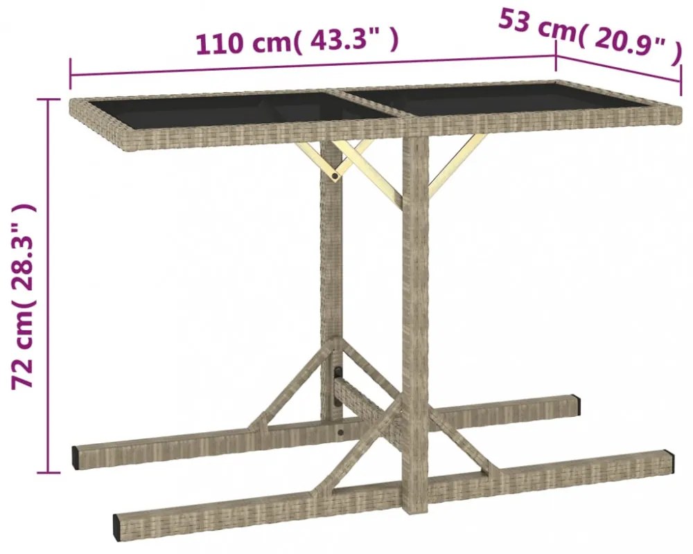 bézs üveg és polyrattan kerti asztal 110 x 53 x 72 cm