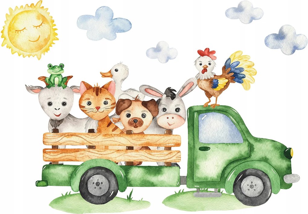 Tapéta Vidám Farm Állatok a teherautóban Akvarell Nap 250x175 +ragasztó