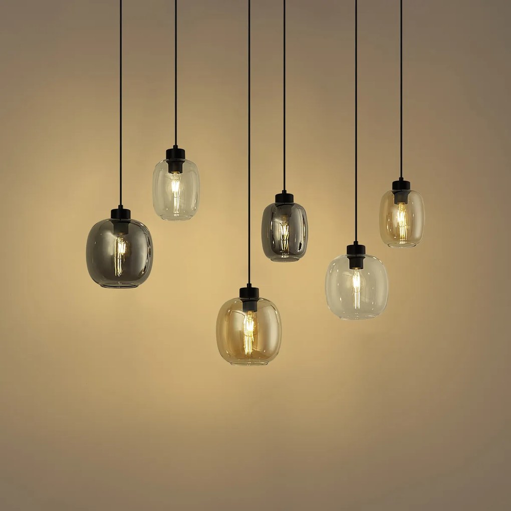 Függőlámpa fekete borostyán, füst és átlátszó üveggel 6-lámpás - Elena