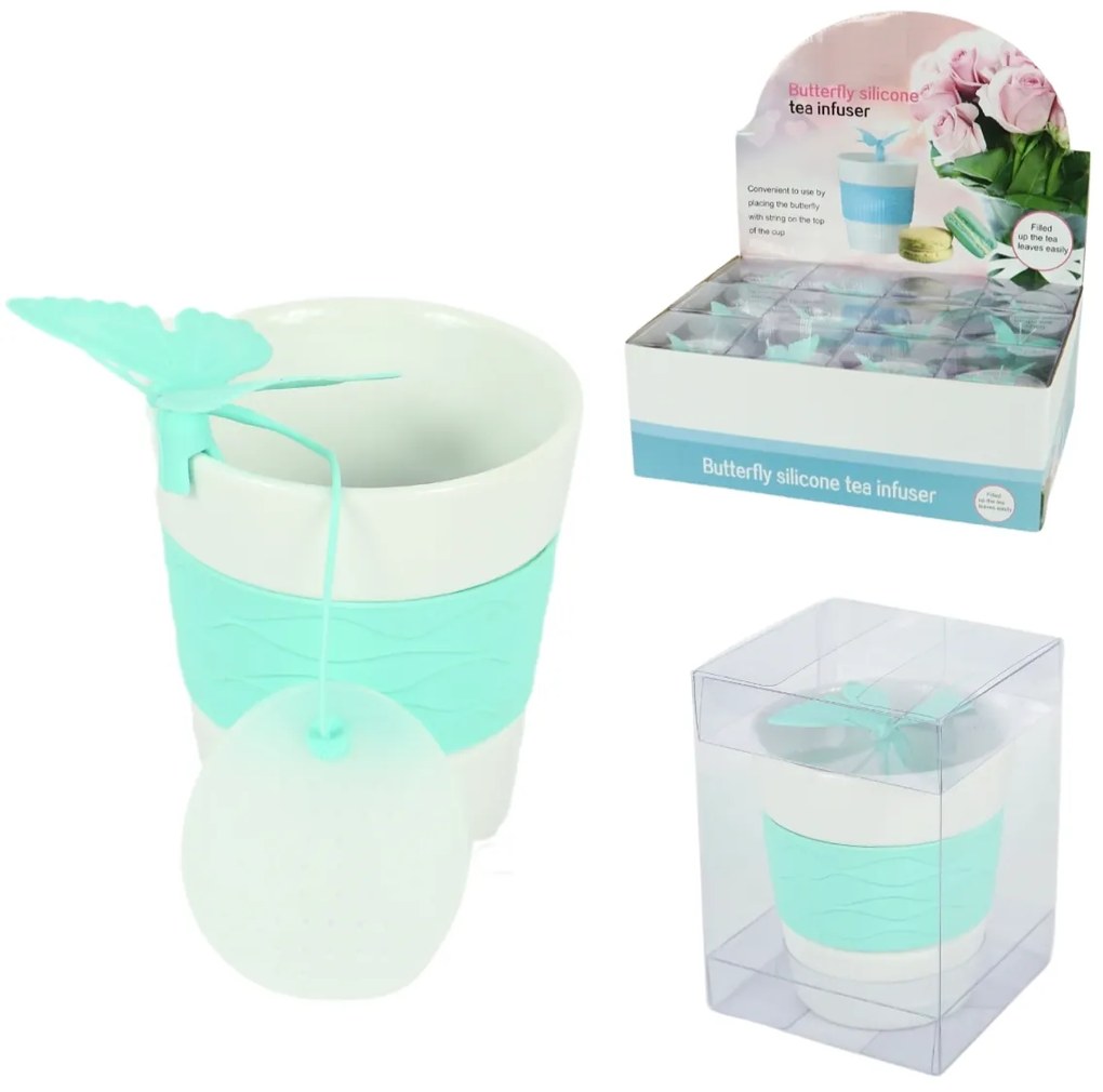 Porcelán bögre SILICONE BUTTERFLY teaszűrővel 280 ml, zöld