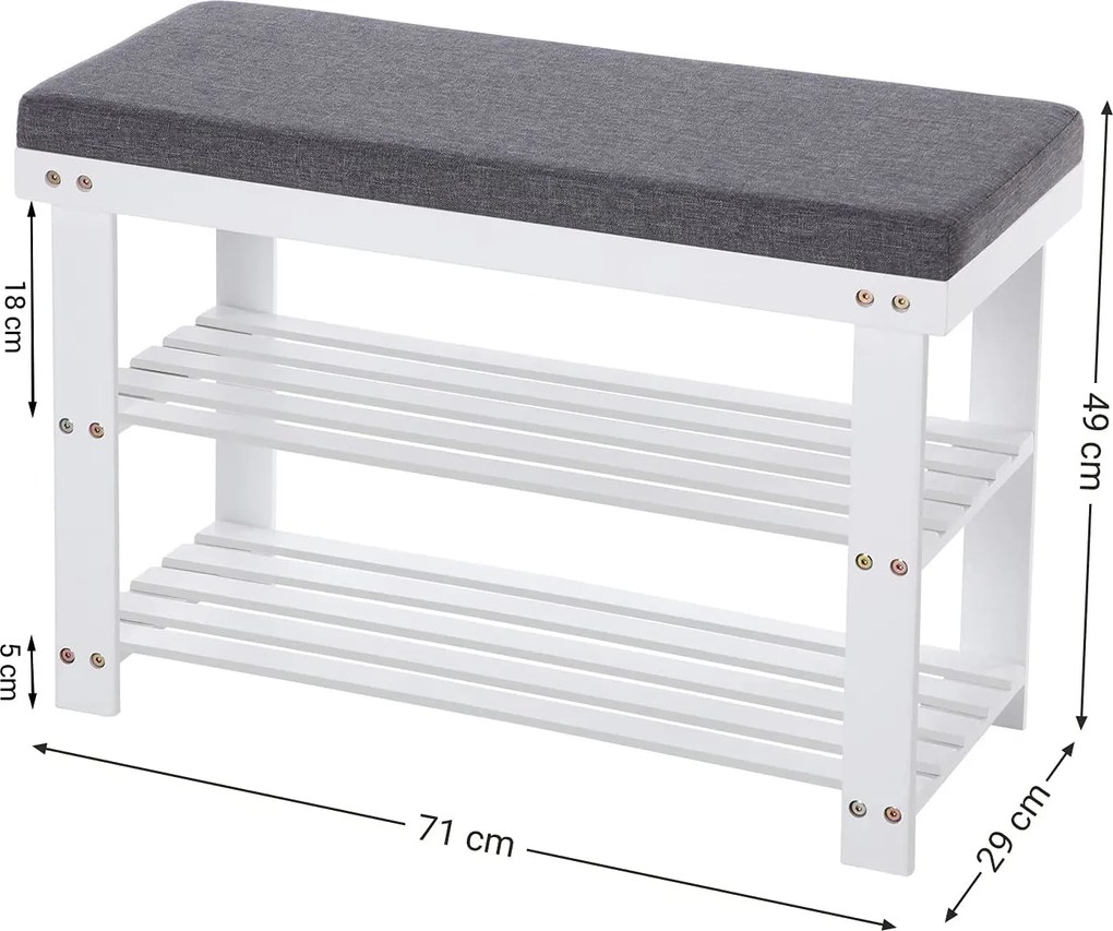 Bambusz cipőpad,2 polcos cipőtároló pad, fehér és szürke 71 x 29 x 49 cm