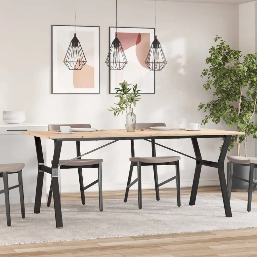 Tömör fenyőfa és acél étkezőasztal Y-vázzal 180x90x75 cm