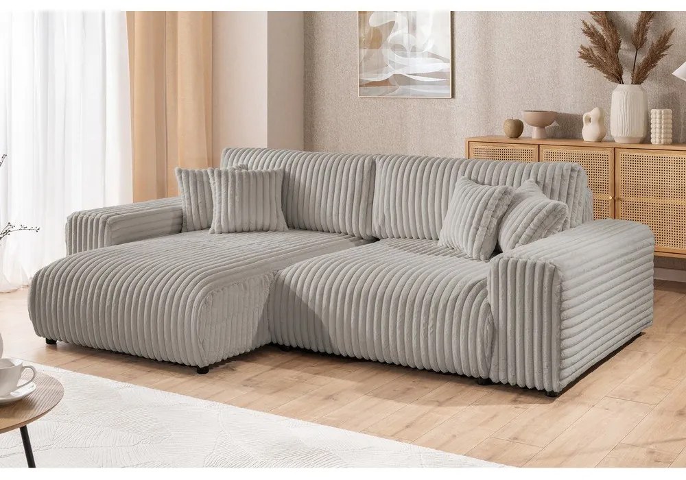 Világosszürke kordbársony kinyitható-tárolóhelyes sarokkanapé (bal oldali) Sarina – Ropez