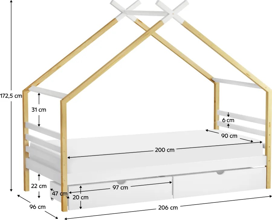 Montessori ágy, fehér/barna, 90x200, TARA