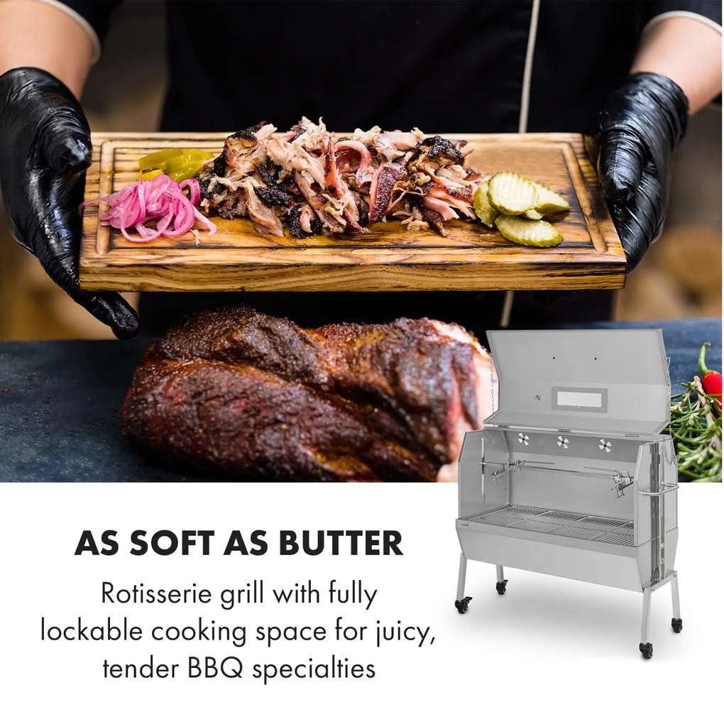 Klarstein Sauenland Pro XL, malacsütő grill, forgó nyárs, 13 W, 4 kerék, rozsdamentes acél