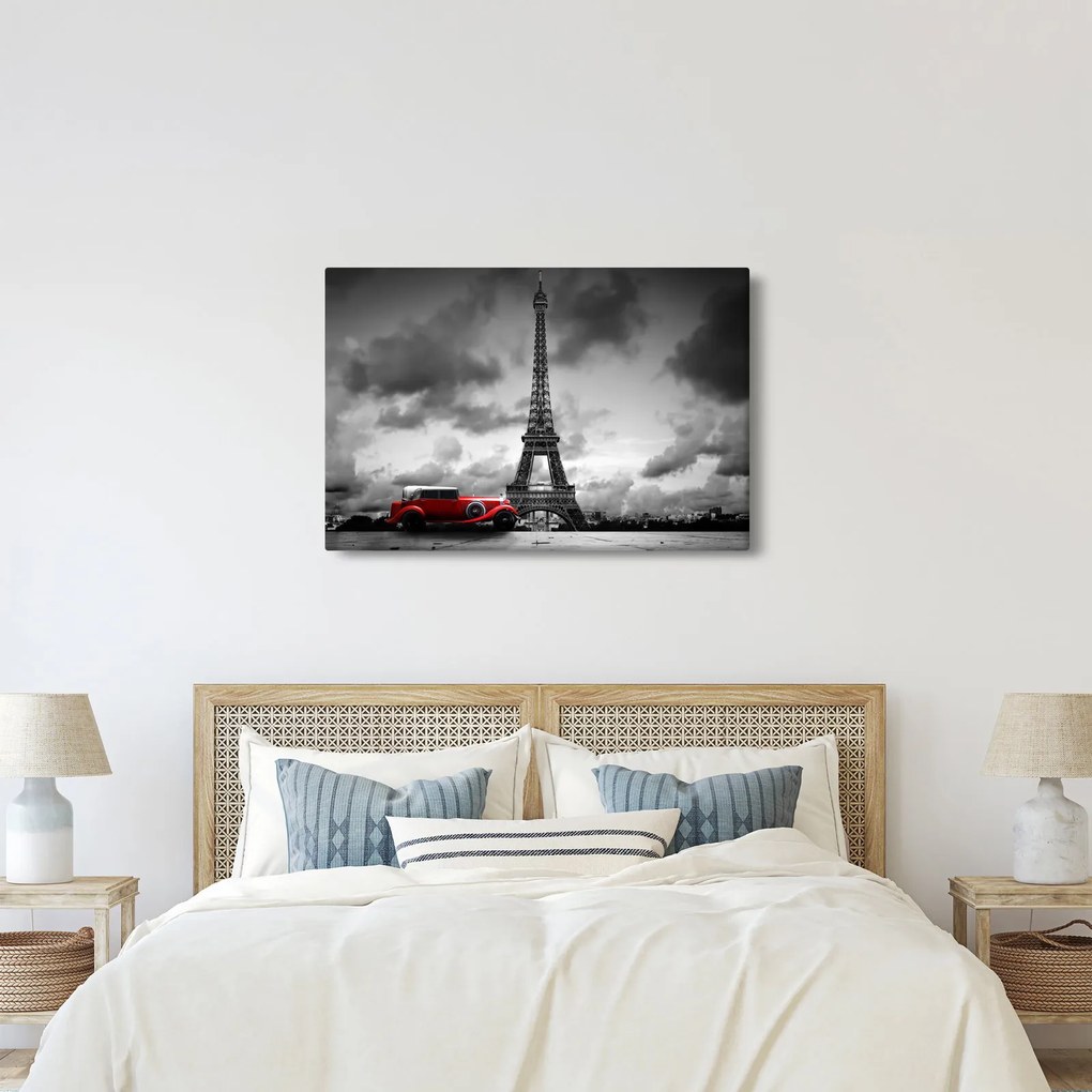 Kép - Az Eiffel-torony és a piros autó (90x60 cm)