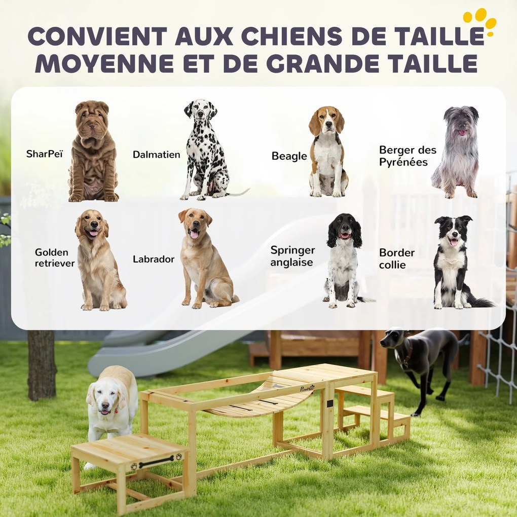 PawHut Kutya Agilitási Edzőfelszerelés, 3 darabos Kutya Agilitási Készlet, Puha Híd, Pihenőplatform és Lépcsők, Tömbfa, Természetes Fa | Aosom