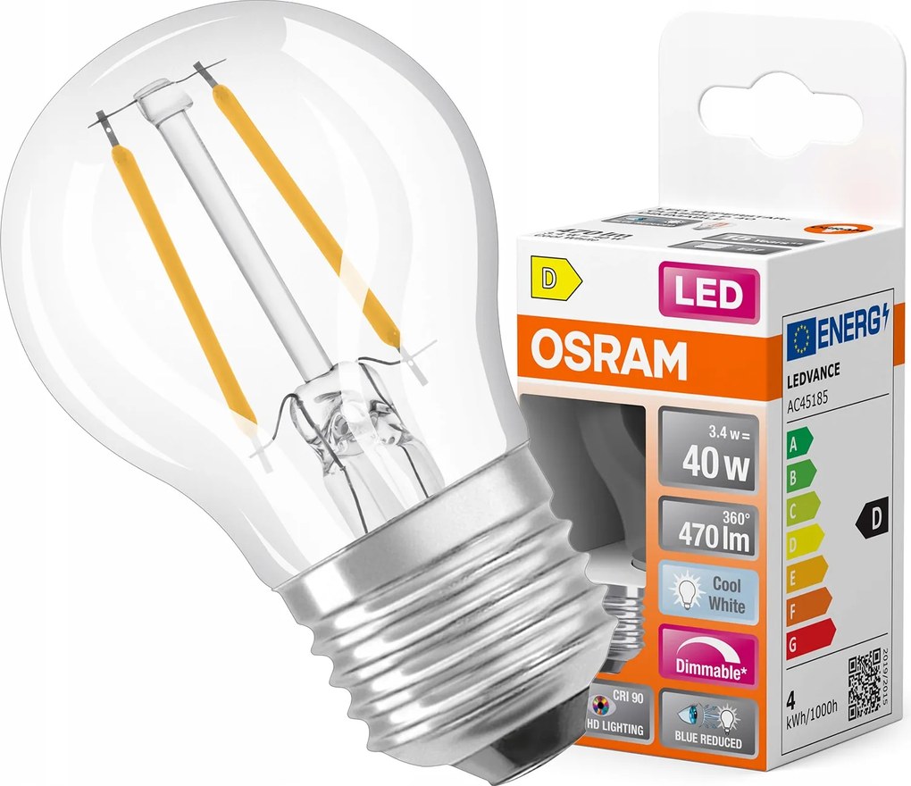 Led izzó P45 Golyó E27 3.4W 40W 470lm 4000K CRI90 Filament Tompítható