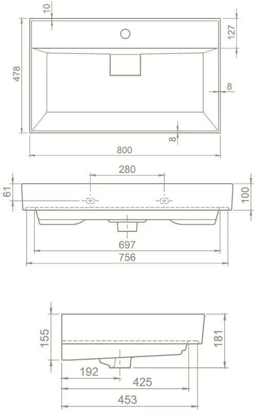 TMP LUX 80 fali fürdőszobabútor - CeraStyle SHARP FEKETE mosdóval - 80 x 48 cm