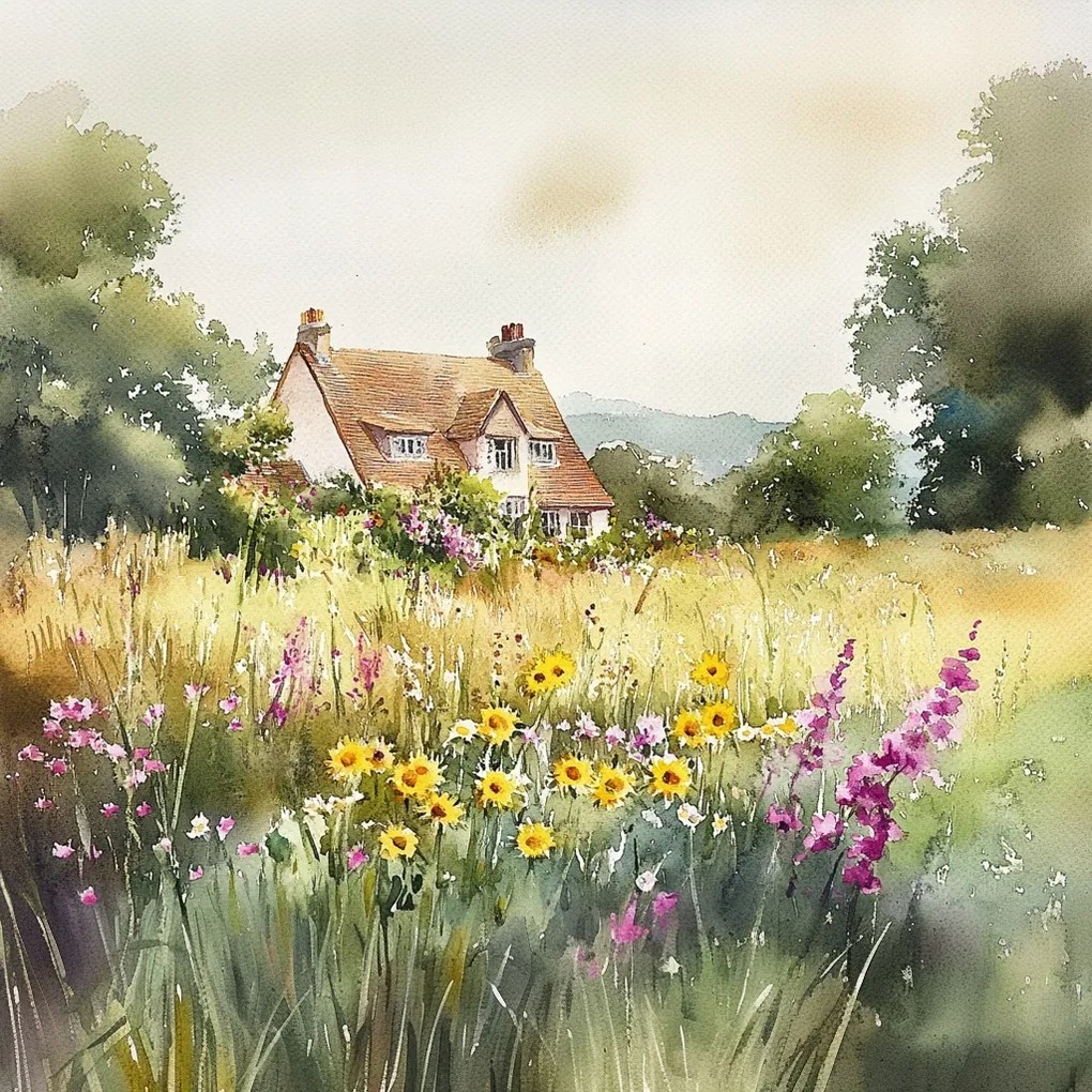 Vászonkép Canvas Tájkép Falu Ház Rét Virágok Természet 40x40