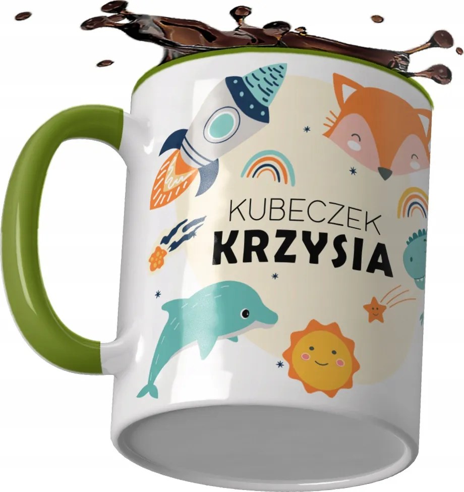 Bögre gyermek névvel állatkák csillagok zöld nyél dinoszauruszok