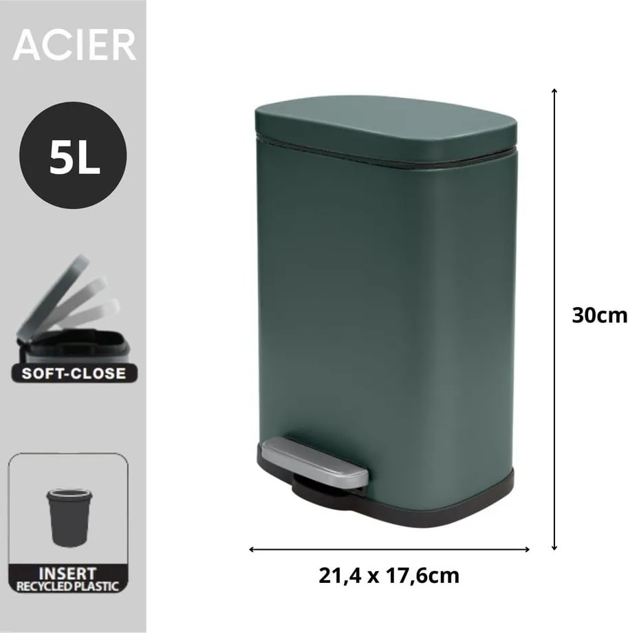 Sötétzöld acél pedálos szemetes 5 l Akira – Spirella