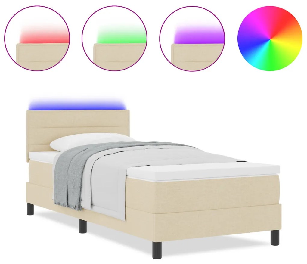 Box Spring Ágy Mattal és LED világítással Krém 90x200 cm Szövet