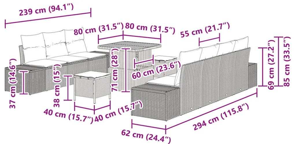 10 darabos kerti kanapé szett párnákkal, bézs poli rattan akác