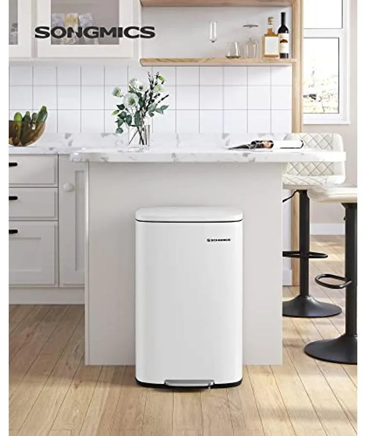 Konyhai pedálos kuka, 50L szemetes kuka, műanyag belső vödörrel, csukható fedéllel, puha záródással, szagálló és higiénikus, fehér