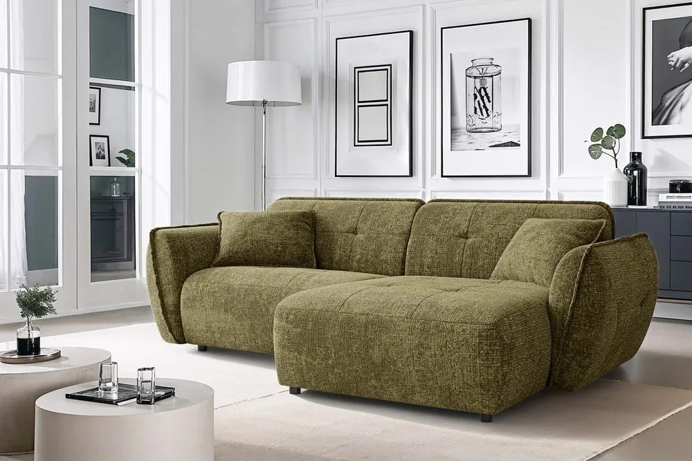 Zöld zsenília sarokkanapé (jobb oldali-heverő résszel) Nelia – Ropez