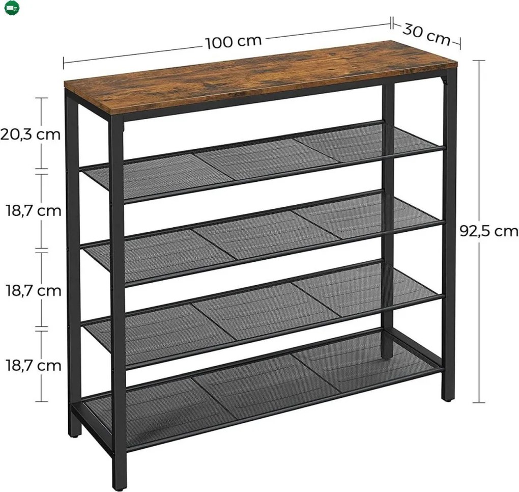 Cipőtároló polc 4 fém hálós polccal, rusztikus barna 100x30x92cm