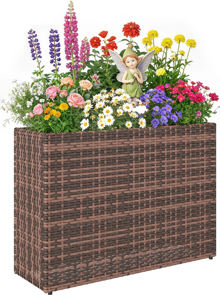Outsunny emelt virágláda állítható lábakkal teraszra és erkélyre — PE-rattan, önálló acélváz, levehető bélés, barna | Aosom