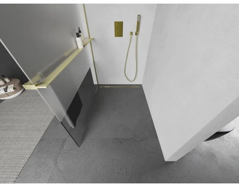 Mexen Kioto+, Walk-In zuhanyparaván polccal és akasztóval 80 x 200 cm, 8 mm átlátszó matt üveg, arany matt profil, 800-080-121-55-35