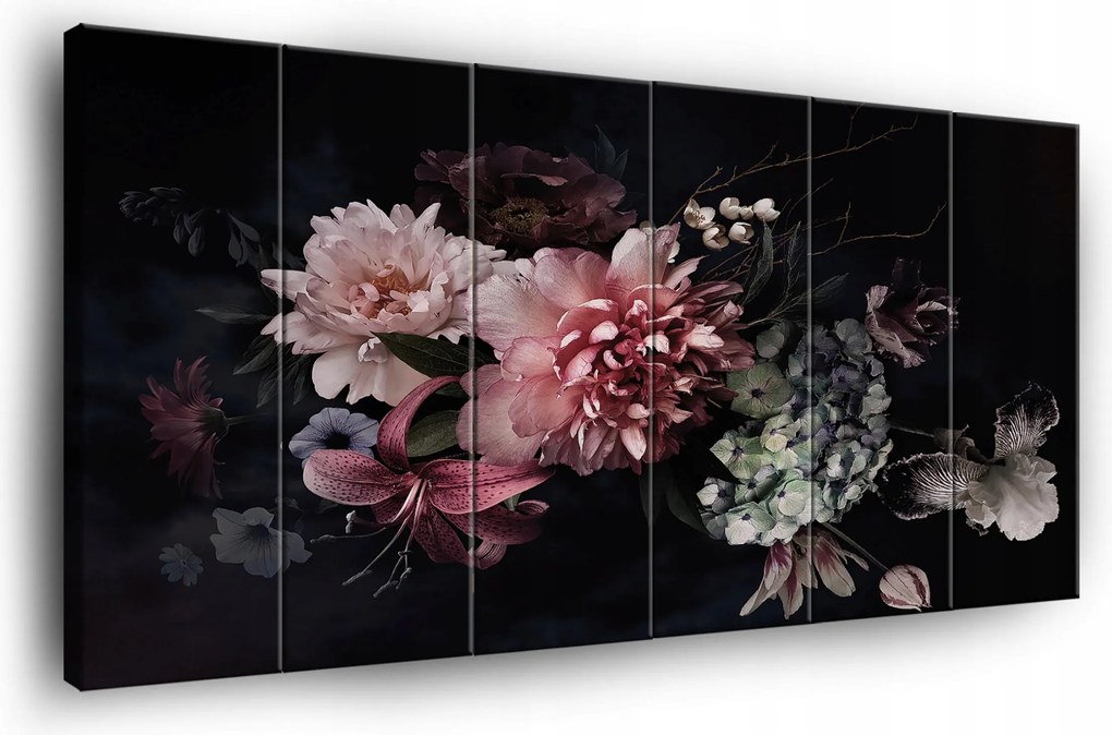 Vászonkép Virágok Fekete Háttér Vászon Fal 6 Részes Hálószoba Nappali 180x100