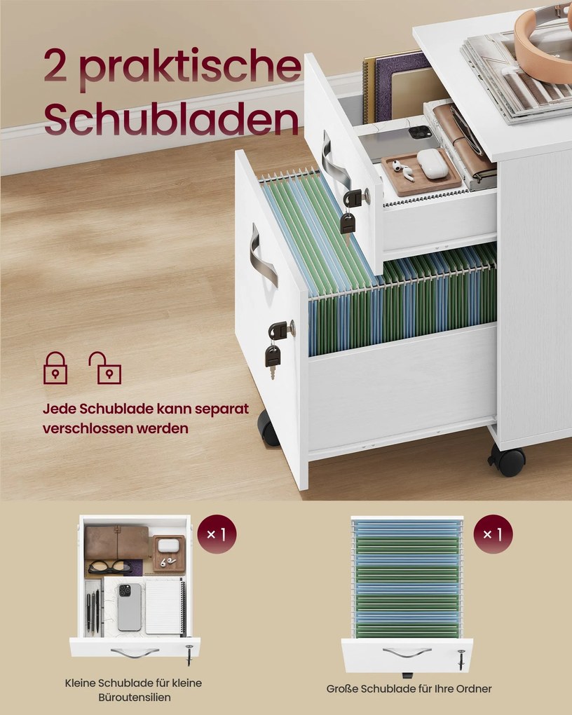 2 fiókos gurulós iratszekrény zárható irattároló, fehér